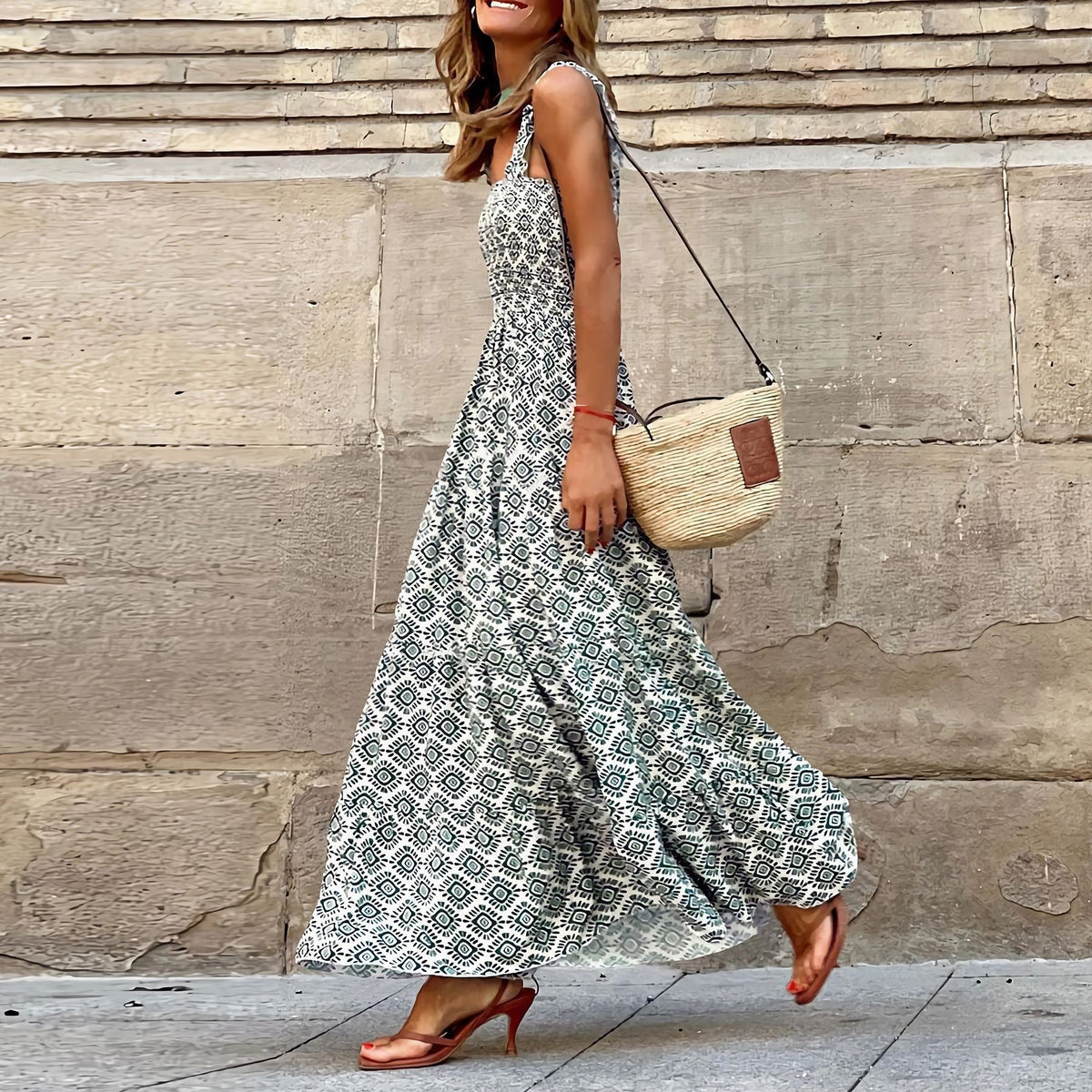 Summer Women'S Elegant Print Elastic Strap Skirt Holiday Style French Fragmented Flower Hanging Strap Long Dress