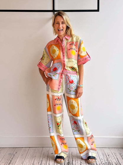 Chic Floral Linen Cardigan and Pants Set