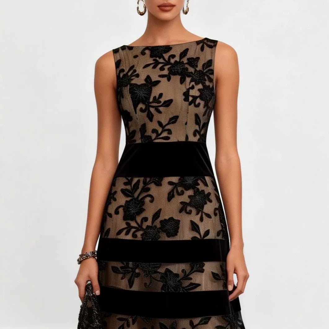 Nude Mesh Black Floral Lace Velvet Strip Sleeveless Midi Dress