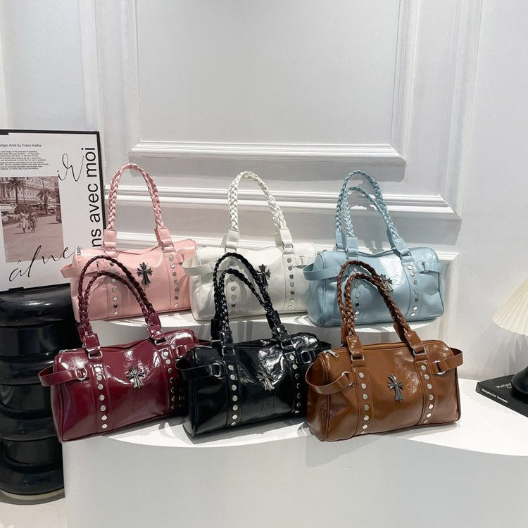 Punk Style Studded Motorcycle Bag Large Capacity Handbag