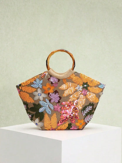 Elegant Floral Sequin Tote Bag With Bamboo Handle