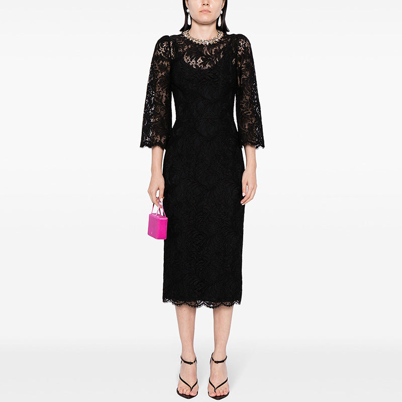 Beaded Long Sleeve Lace Dress Elegant Casual Style