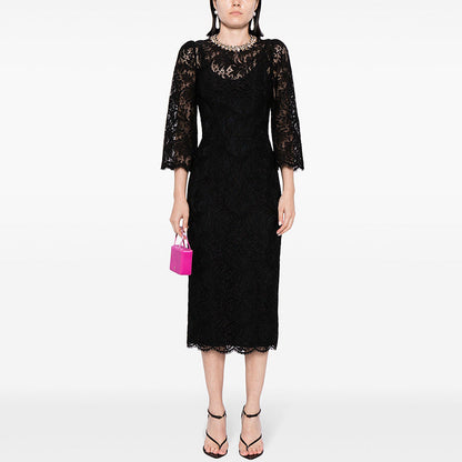 Beaded Long Sleeve Lace Dress Elegant Casual Style