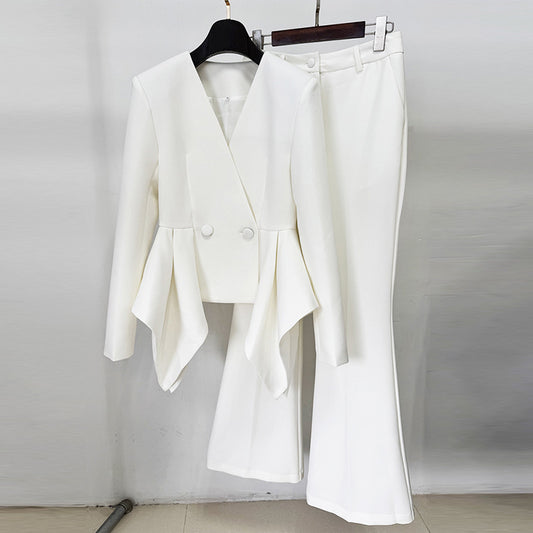 Ruffled Design Slim Fit Jacket And Palazzo Pants Set