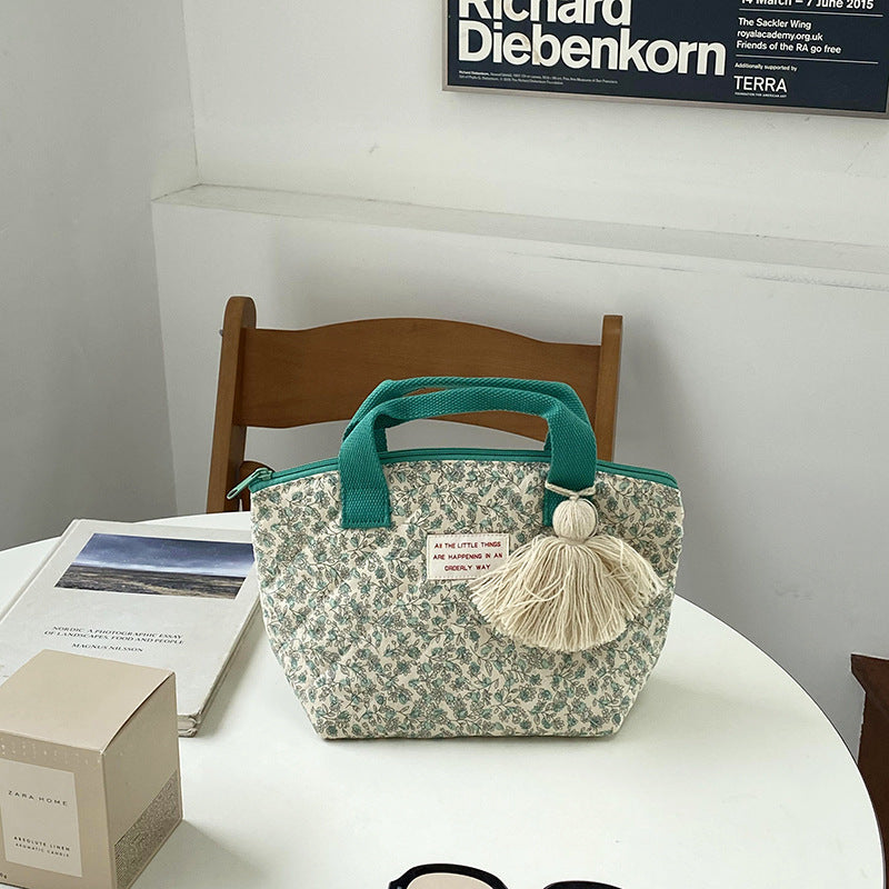 Quilted Insulated Lunch Bag Floral Design Cotton Tote