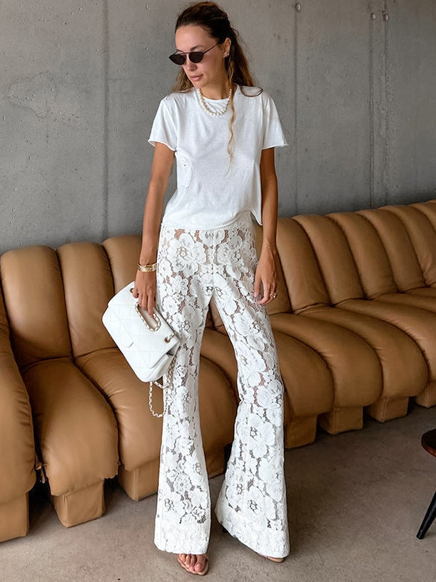 Floral Lace High-Waisted Bell Bottom Pants