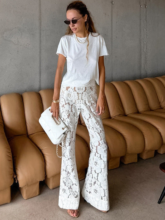 Floral Lace High-Waisted Bell Bottom Pants