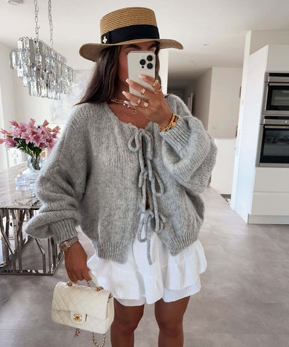 Crew Neck Lace-Up Knitted Cardigan Jacket Autumn And Winter New Solid Color Commuting Simple Sweater Women