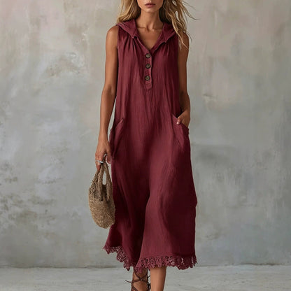 Sleeveless Collared Half Button Lace Hem Linen Midi Dress