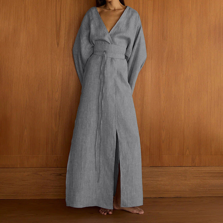 Casual Cross-Design Lace-Up French Dress V-Neck Long Sleeve High Waist Maxi Dress