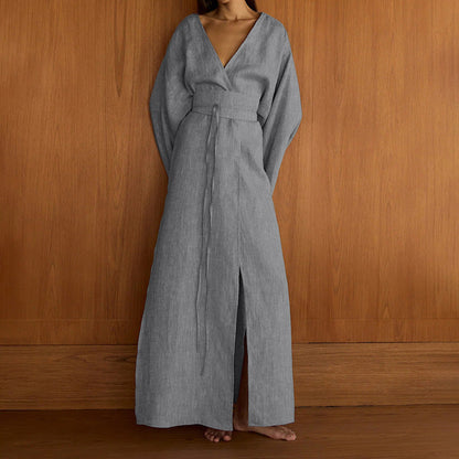 Casual Cross-Design Lace-Up French Dress V-Neck Long Sleeve High Waist Maxi Dress