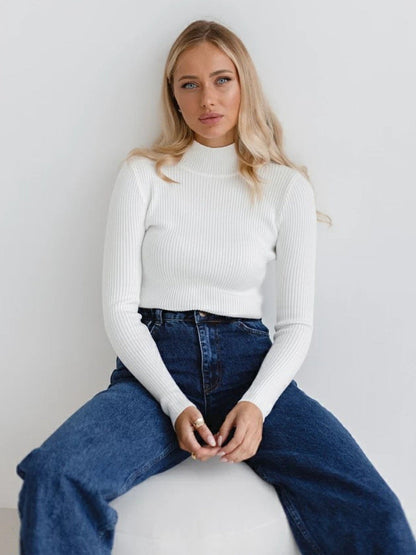 Solid Color High Neck Sweater Slim Fit Knitted Top