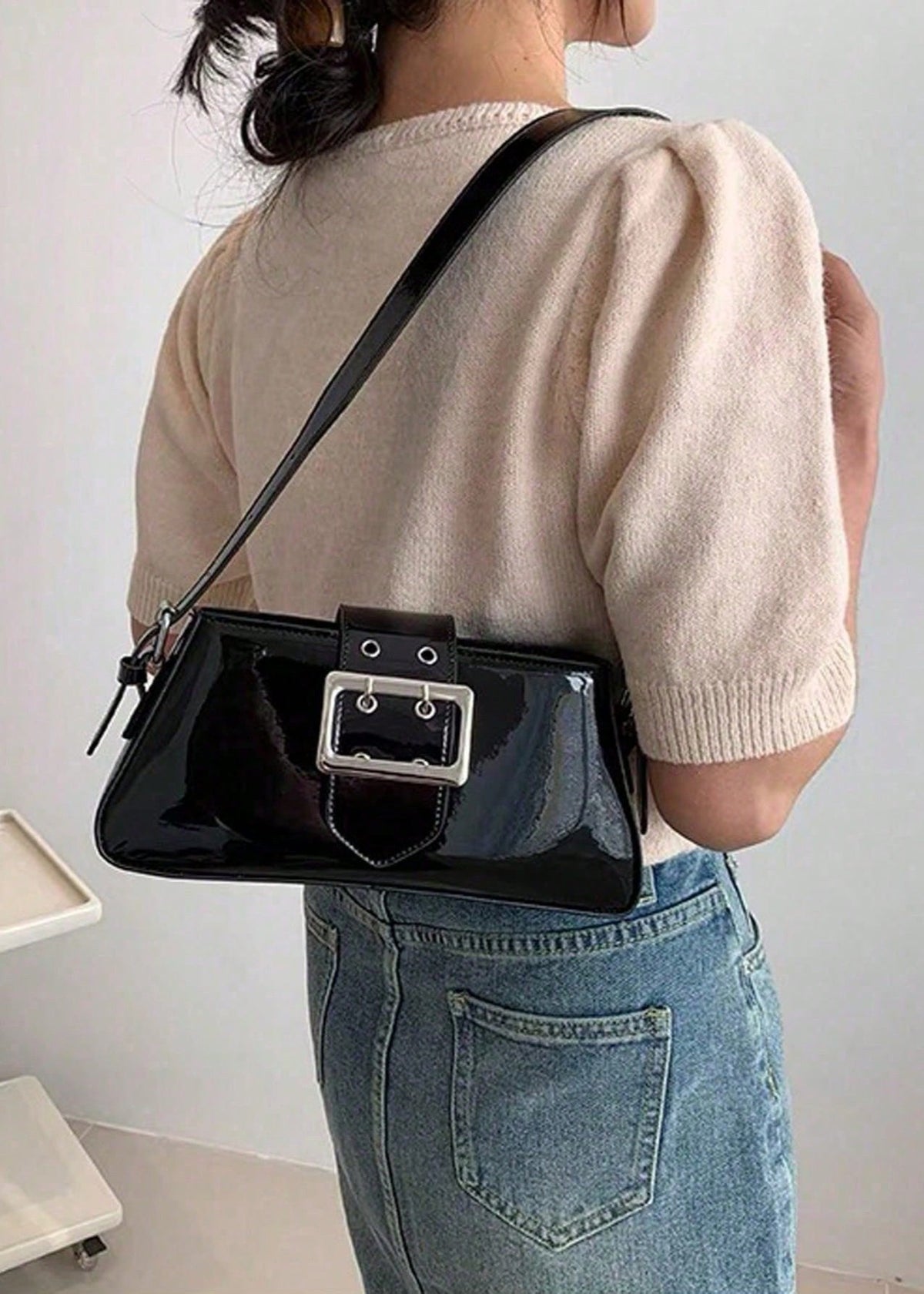Patent Leather Bag With Glossy Buckle Detail