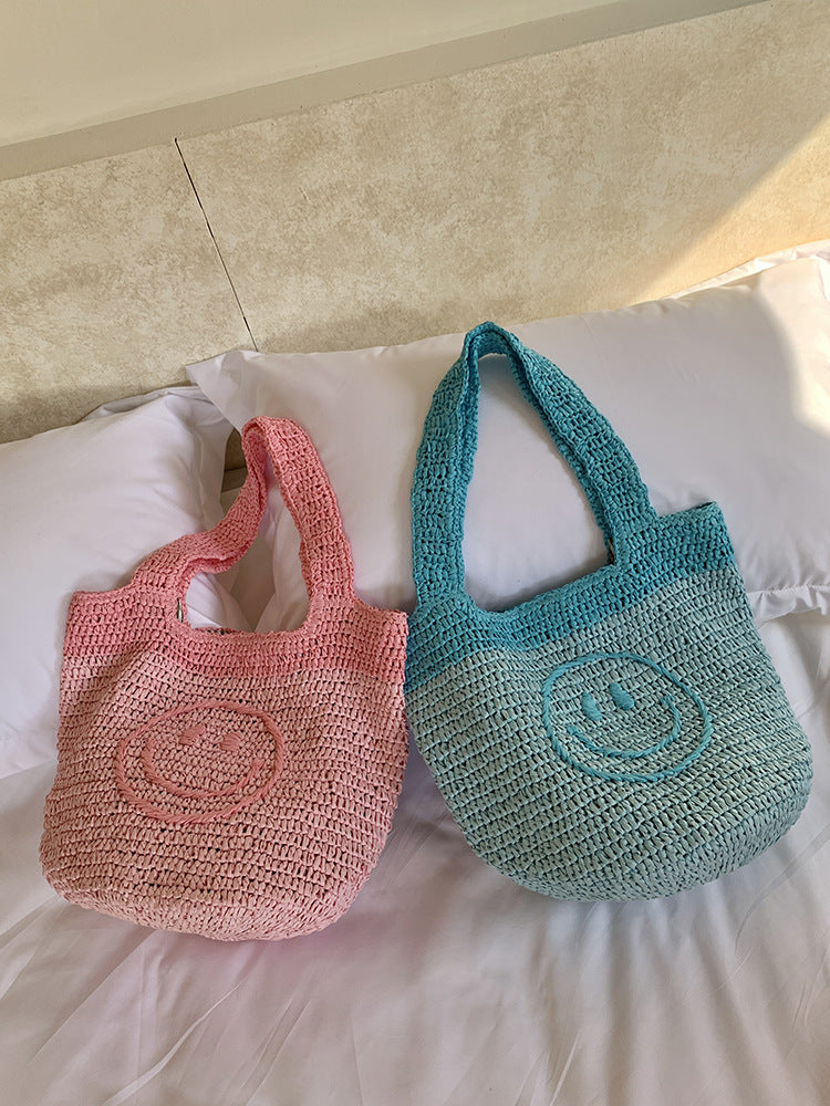 Smiley Face Knitted Mini Tote Bag Handmade Bohemian Style