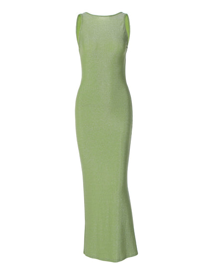 Slim Fit Solid Color Backless Maxi Dress
