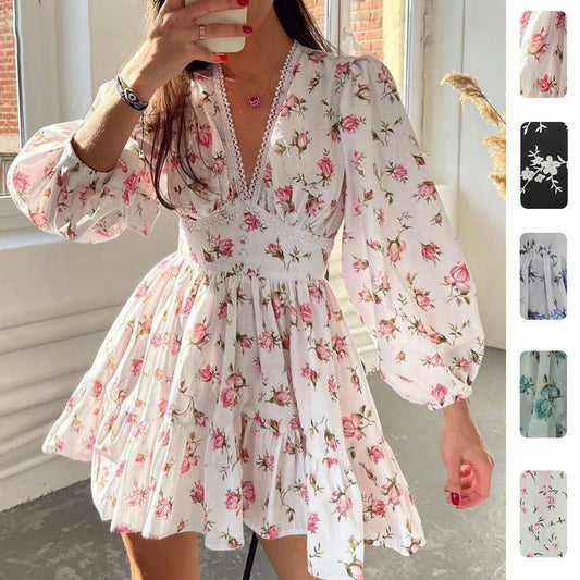 Floral Lace Short Dress With V-Neckline and Lantern Sleeves
