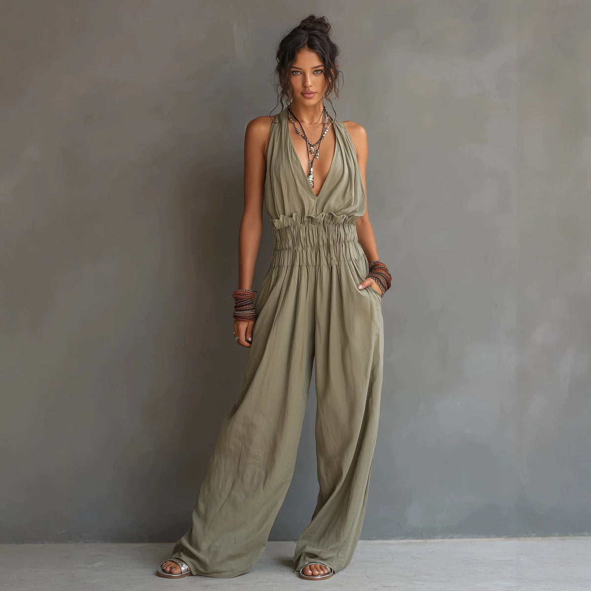 Halter Deep V Smocked Elastic Waist Wide Leg Palazzo Jumpsuit