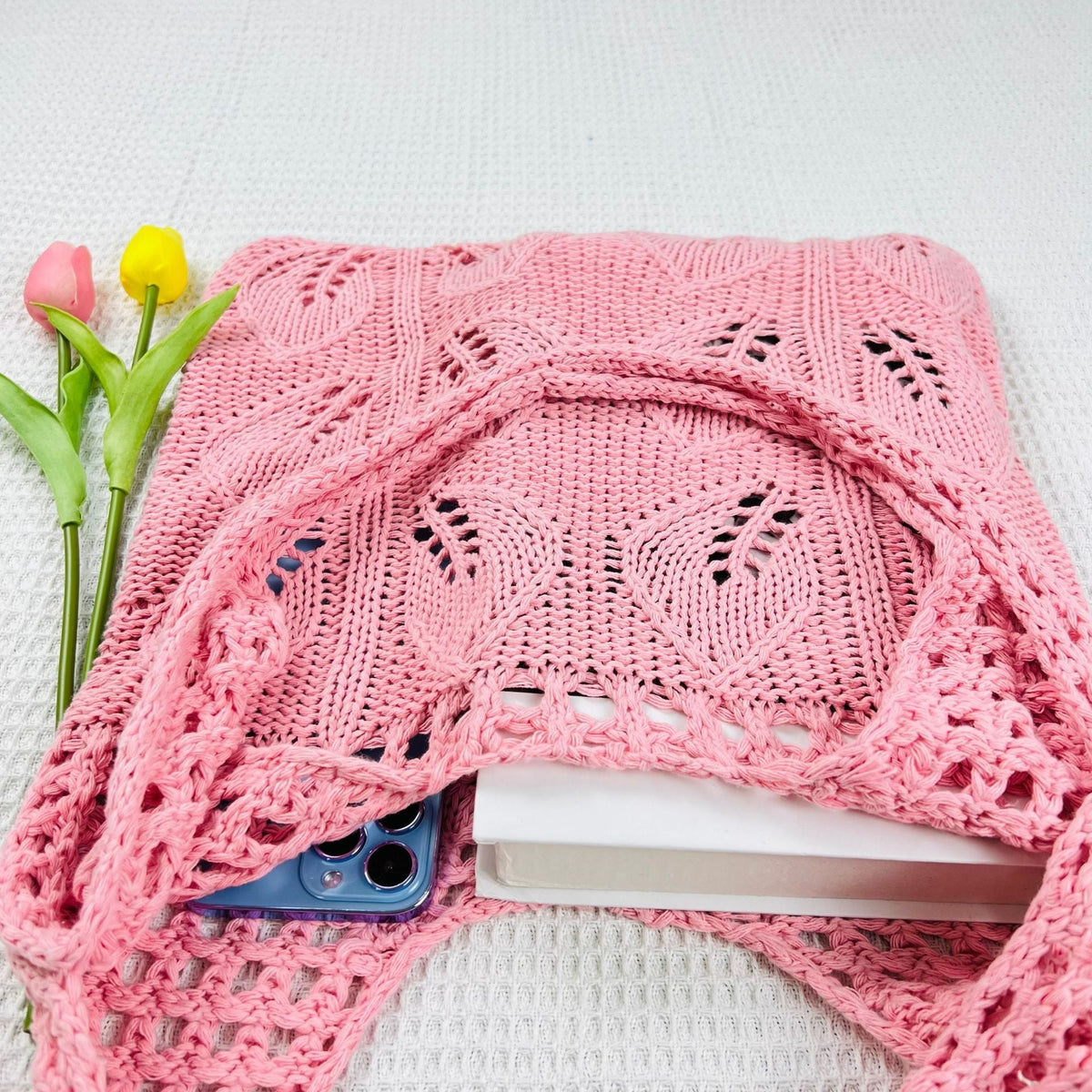 Solid Color Hollow Out Knit Shoulder Tote Bag