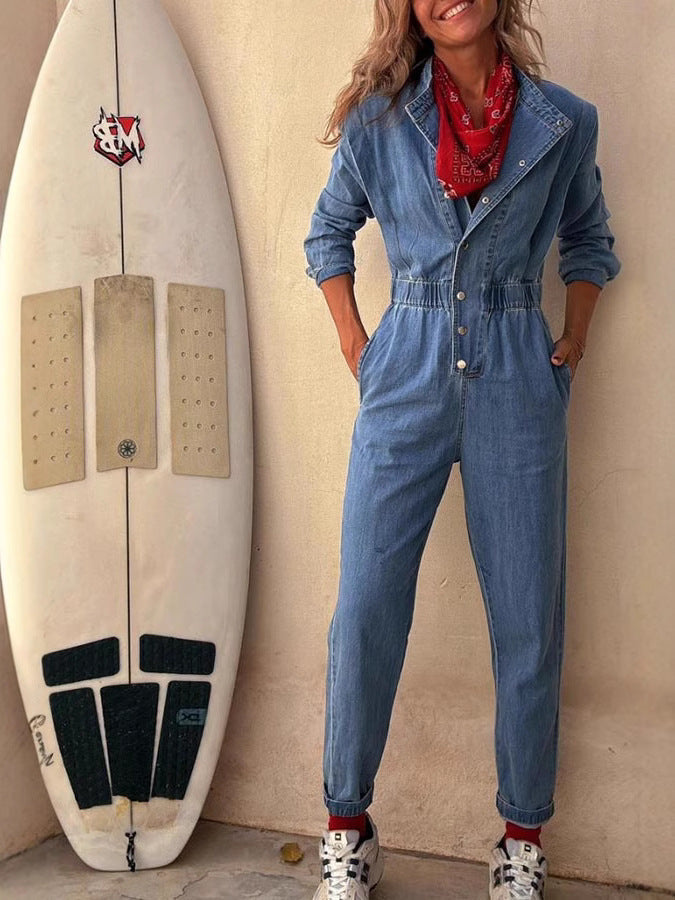 Trendy Pocket Denim Jumpsuit with Elastic Waist