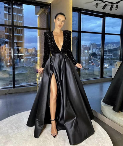 Sequined Deep V-Neck A-Line Evening Gown With Long Sleeves