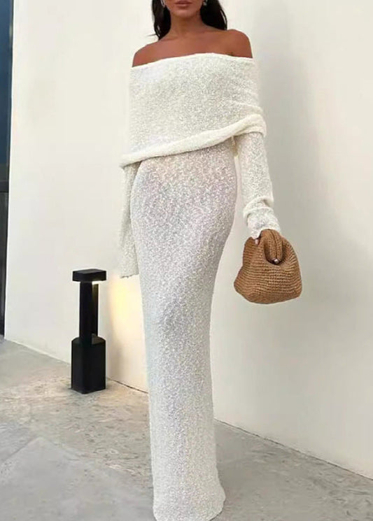Off Shoulder Shimmer Knit Maxi Dress White