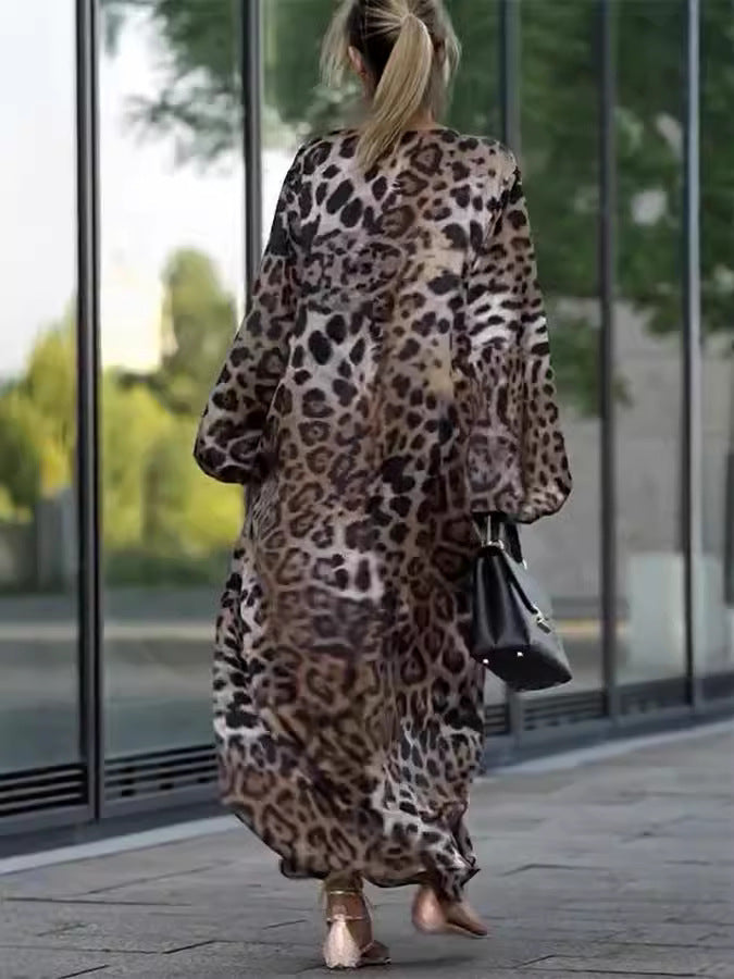 Loose Fit Leopard Print Long Sleeve Dress