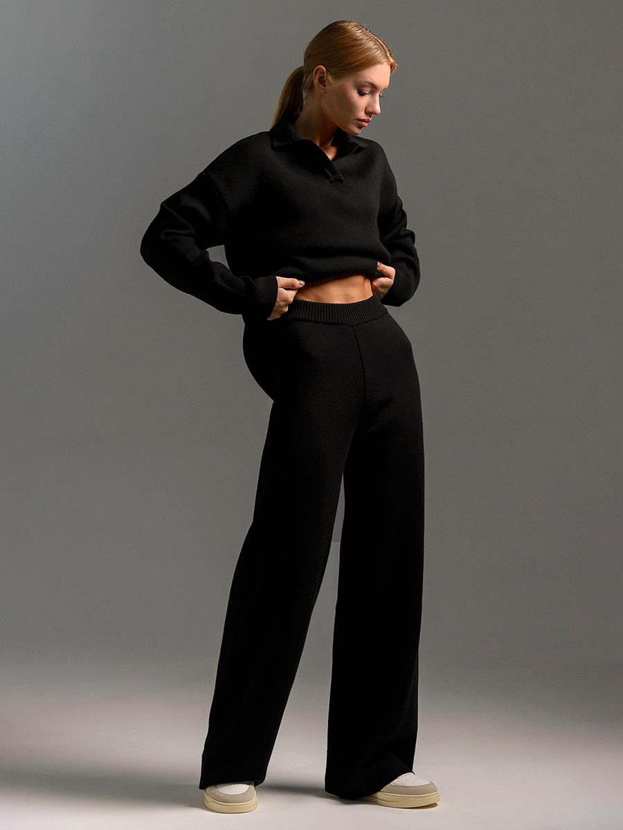 Knitted Sweater Set with Polo Neck and Wide Leg Pants for Casual Style