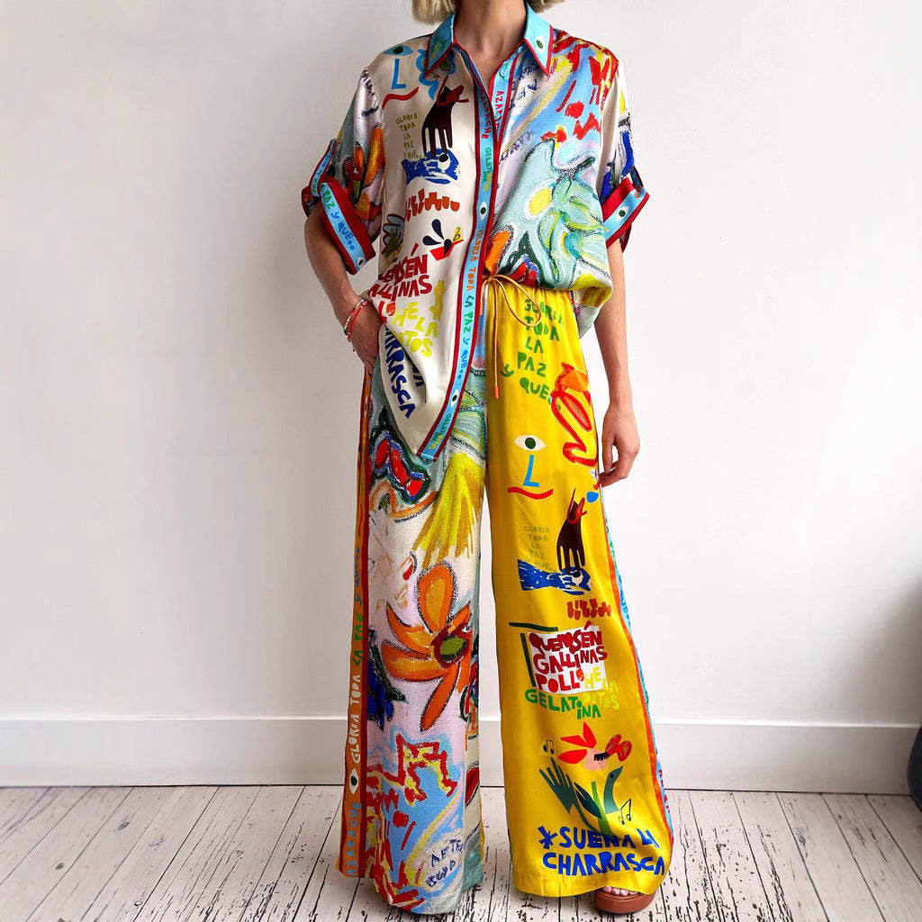 Trendy Colorful Printed Short Sleeve Jumpsuit Set