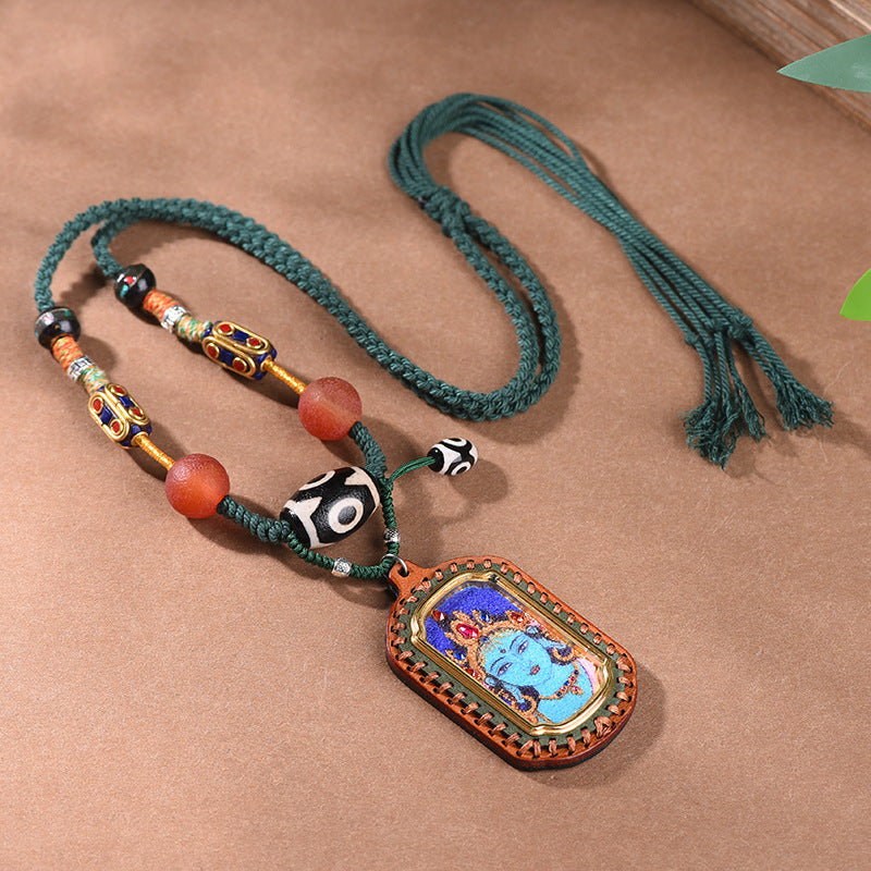 New Intangible Cultural Heritage Gem Painting Thangka Pendant God Of Wealth Zakiram Hand-Painted Thangka Leather Shell Pendant Single Pendant