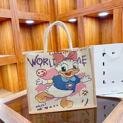 Linen Tote Bag Cute Cartoon Embroidery Large Capacity