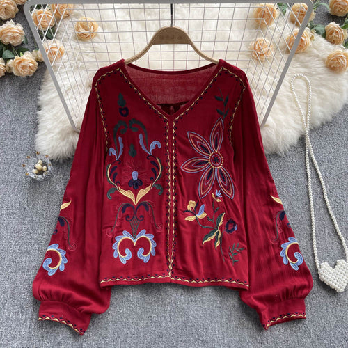 Retro Heavy Industry Embroidered Top Women'S Spring And Autumn New V-Neck Loose Lantern Sleeves Ethnic Style Cotton And Linen Shirt