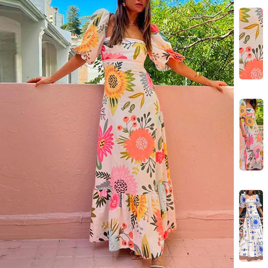 Elegant Floral Print Puff Sleeve Dress