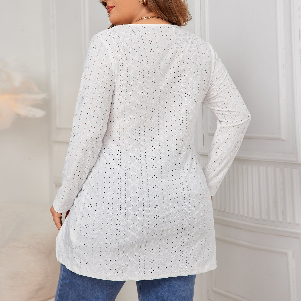 White Long Sleeve Square Neck Blouse Casual Plus Size Tunic