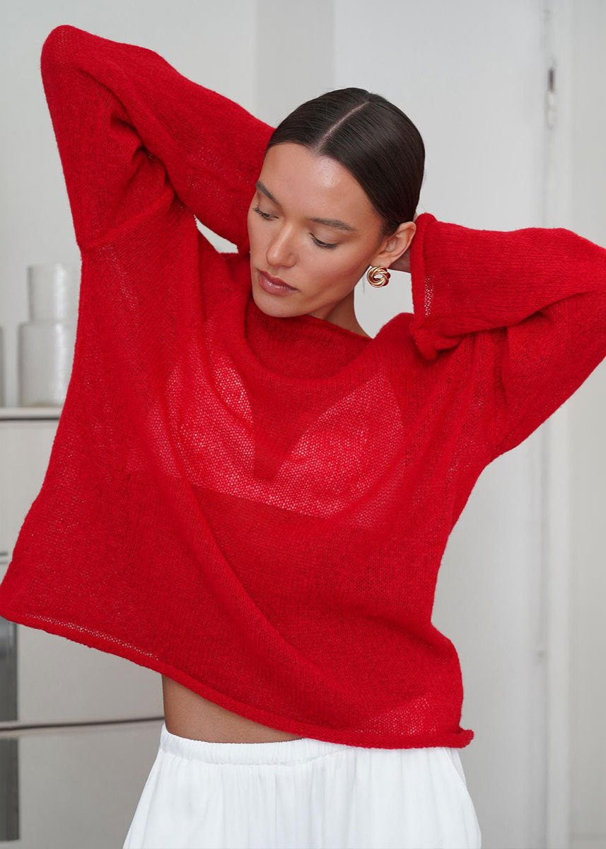 Sheer Knit Sweater Red Lightweight Relaxed Fit