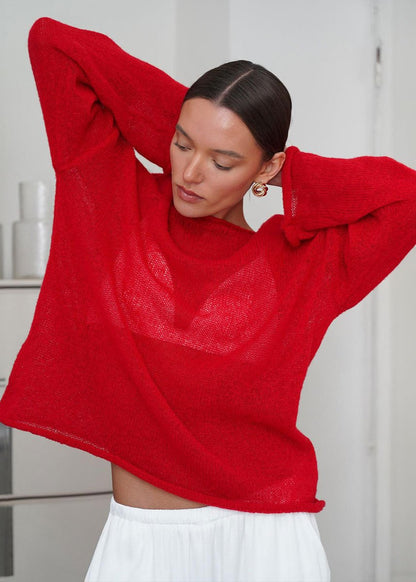Sheer Knit Sweater Red Lightweight Relaxed Fit