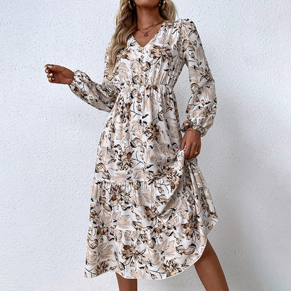 Autumn/Winter New Womenswear Women'S Print Maxi Dress V-Neck Puff Sleeve Long Dress