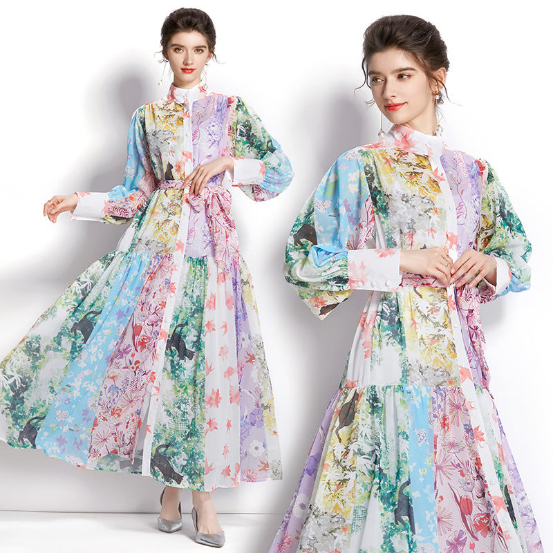 Dresses Spring And Summer Women'S Fashion Temperament Long Sleeve Print Shirt Long Skirt Tie Skirt
