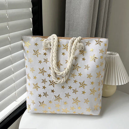 Large Capacity Linen Tote Bag with Dual-Sided Gold Foil Design