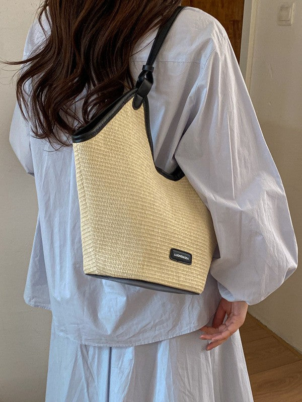 Trendy Woven Shoulder Bag Color Block Beach Bag