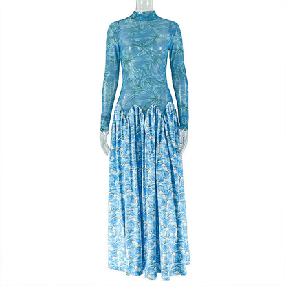 Floral Print A-Line Dress With High Neck Long Sleeve