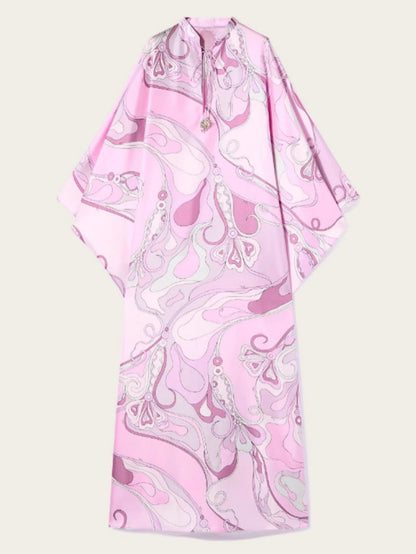 New Floral Print A-Line Dress with V-Neck and Batwing Sleeves