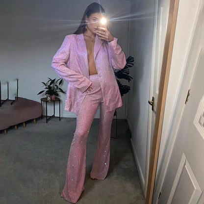 Sleek Sequin Suit Set With Cami Top And High-Waisted Pants