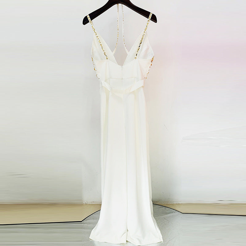 Beaded Sequin V Neck Jumpsuit