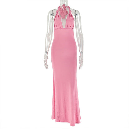 Elegant Solid Color Bodycon Dress With V-Neck Backless Design
