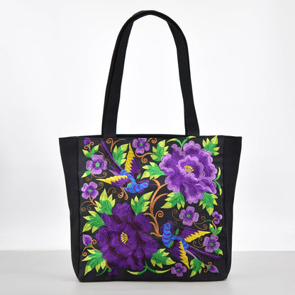 Ethnic Style Embroidered Shoulder Bag With Large Capacity Women'S Tote Bag, Canvas, National Style Peony Handbag, Shopping Bag