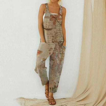 Summer Abstract Printing Loose Cotton Linen Suspender Button Suspender Jumpsuit