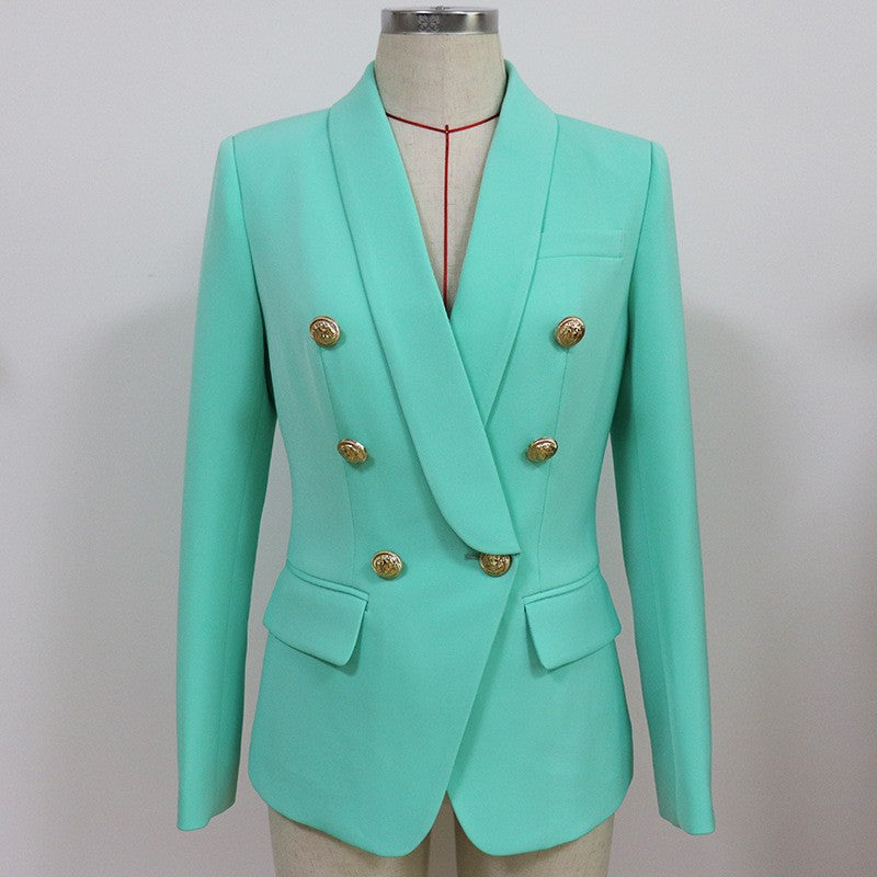 Double-Breasted Blazer With Lion Head Metal Button