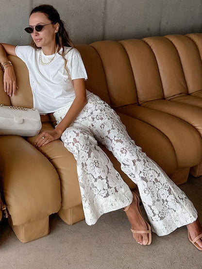 Floral Lace High-Waisted Bell Bottom Pants