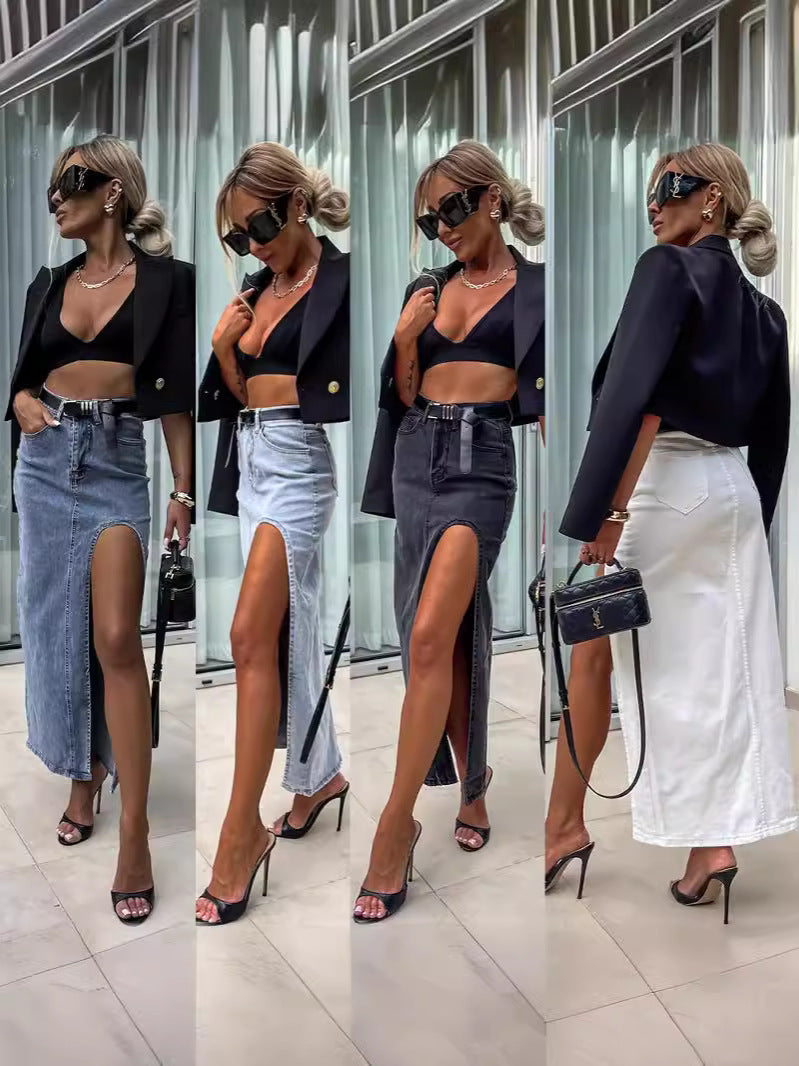Vintage High-Waisted Denim Maxi Skirt with Slit