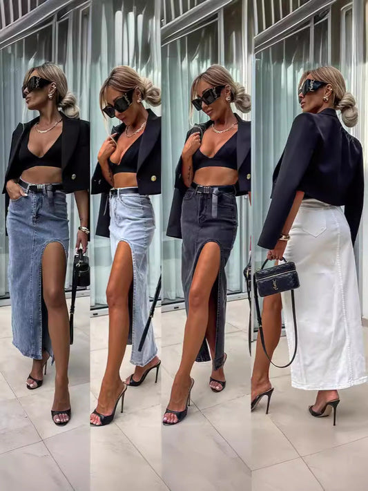 Vintage High-Waisted Denim Maxi Skirt with Slit